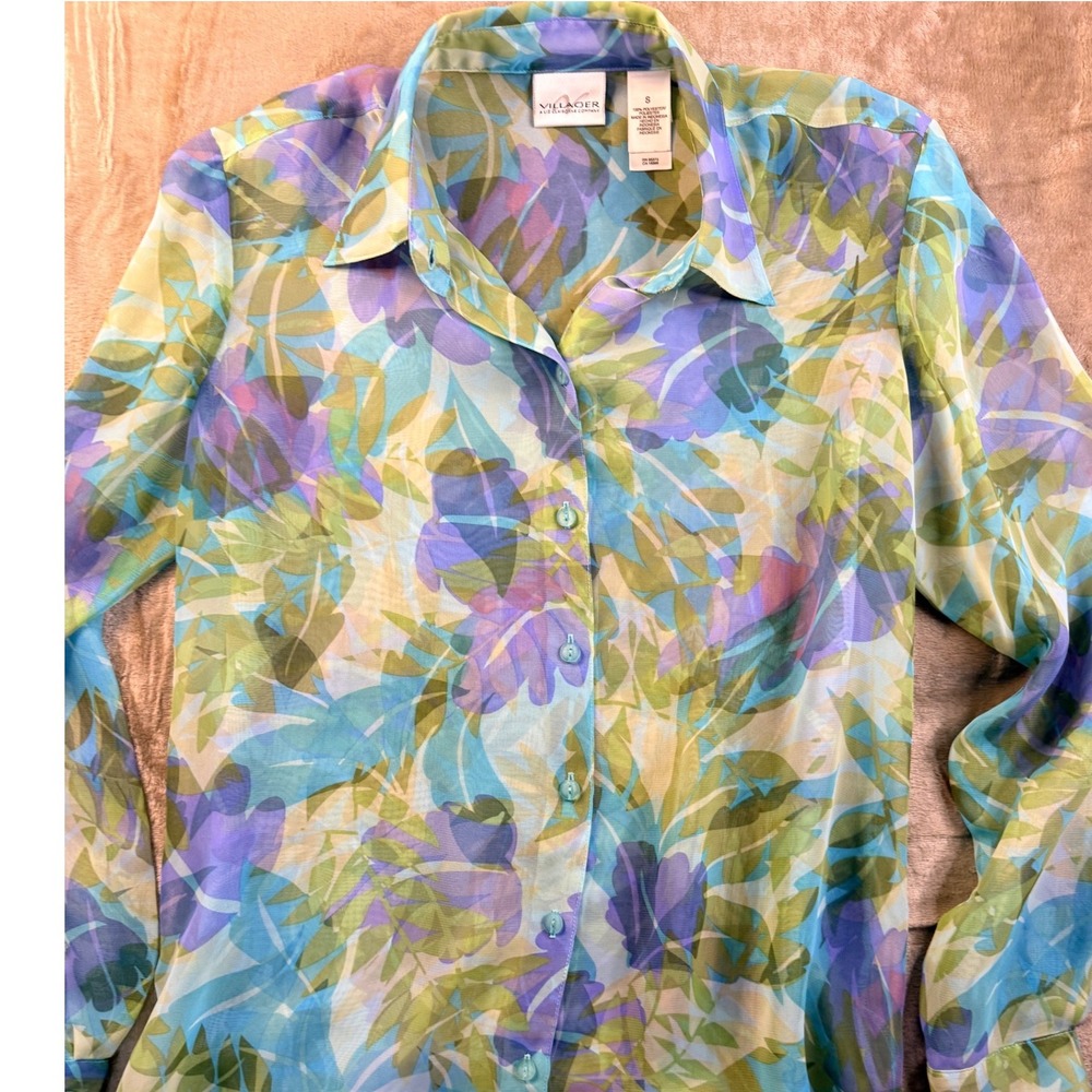 90s Villager Liz Claiborne Womens  Floral Sheer Button Up Blouse Boho‎ Garden